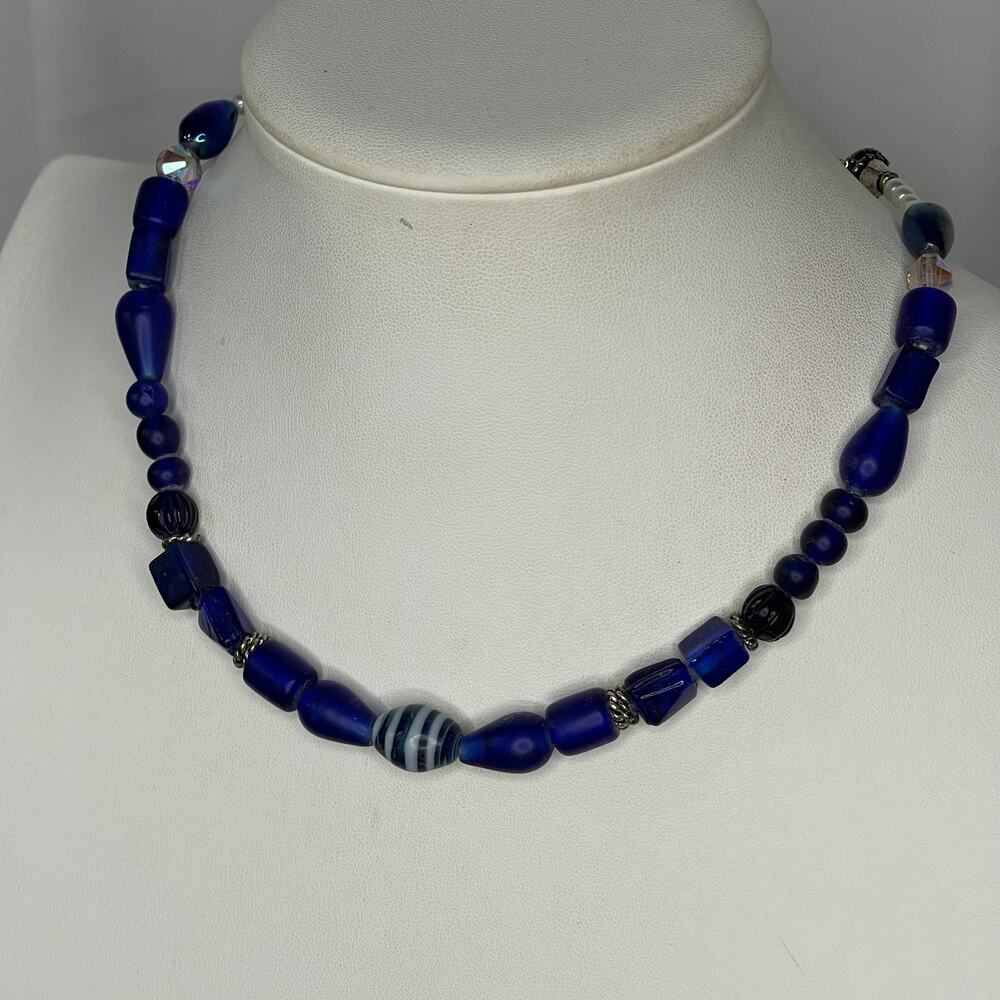 blue glass bead necklace (see description) brushed barrel clasp artismal jewelry